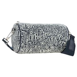 Christian Dior STUSSY Collaboration Bag Leather Navy Silver Auth 203259SAM Silvery Navy blue