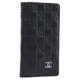 Portafoglio lungo CHANEL Icon Line COCO Mark in pelle nera e argento CC Auth 201385 Nero Argento