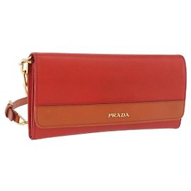 Portefeuille épaule à chaîne PRADA en cuir Saffiano Orange Doré Auth ka6249 Autre Orange