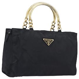 Bolsa de mão PRADA com alça de metal Nylon Black Gold Auth 203873 Preto Dourado