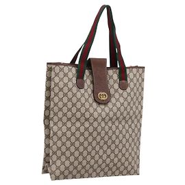 Bolso Tote GUCCI GG Supreme Web Sherry Line PVC Beige Oro Auth 204701A Beige Dorado