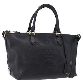 Bolso de mano PRADA de cuero 2way Negro Oro Auth LN148V Negro Dorado