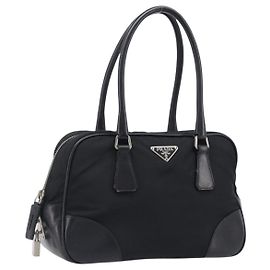 PRADA Hand Bag Nylon Leather Black Silver Auth am12578V Black Silvery