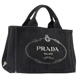 PRADA Canapa PM Hand Bag Canvas Black Gold Tone Auth 204699 Black Other