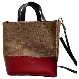 Marni Mini Tote Bag aus Wolle und rotem Leder Kamel