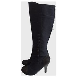 Botas Lanvin em algodão azul marinho e pele preta Tamanho 38 Azul