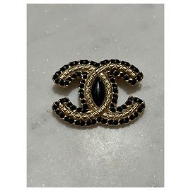 Chanel Brosche goldfarben und schwarzes Leder Golden