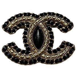 Chanel Brosche goldfarben und schwarzes Leder Golden