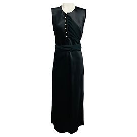 Autre Marque Vestido maxi sem mangas em cetim preto Marina Moscone com botões dourados e acabamento em chiffon Preto