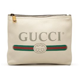 White Gucci Leather Gucci Logo Clutch White