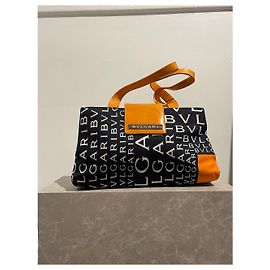 Bulgari black canvas handbag with orange leather trim Black