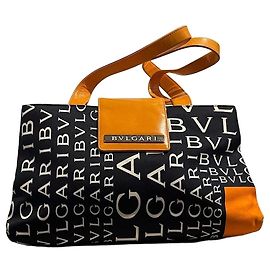 Bolsa de mão Bulgari em lona preta e acabamentos em couro laranja Preto