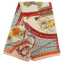 Foulard di seta Hermès Les Voitures Nouvelles Beige 65 Scarves Beige