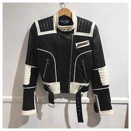 Veste Balmain cuir noir et blanc T.34 Black