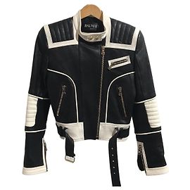 Veste Balmain cuir noir et blanc T.34 Black