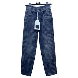 Jeans Chanel em Denim com Padrão Xadrez Preto e Cinza Tamanho 34 Multicor