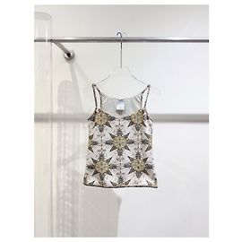 Chanel Camisole Top Goldene Schneeflocken Print Polyester 34 Mehrfarben