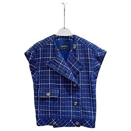 Colete Chanel de Tweed Azul Tamanho 34 Multicor