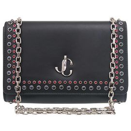 Clutch Jimmy Choo Varenne em couro com tachas, bolsa de ombro com corrente preta Preto