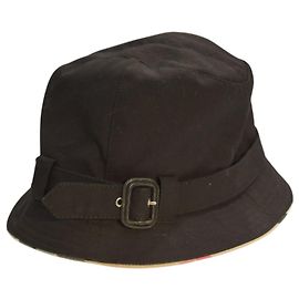 Burberry Black Cotton Blend Buckle Belted Bucket Hat with Nova Check Lining Black Beige