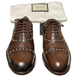 Gucci Brown Studded Leather Oxford Shoes Brown