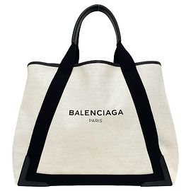 Balenciaga Navy Cabas Canvas Leather Tote Bag Black White