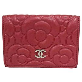 Chanel Coco Mark Camellia Leder Tri-fold Geldbörse Rot