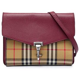 Burberry Red Small Leather and House Check Canvas Derby Macken Crossbody Roja Burdeos