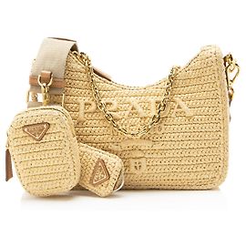Prada Crochet Raffia Re-Edition 2005 Crossbody Marrom Bege