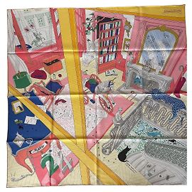 Pañuelo de seda Hermès "Mystère au 24" de Jonathan Burton Castaño Rosa Blanco Roja Azul Verde Gris Amarillo