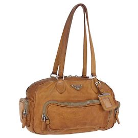 PRADA Hand Bag Leather Brown Silver Auth am12592V Brown Silvery