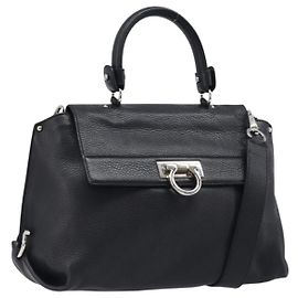 Salvatore Ferragamo Sofia Gancini Bag Leather 2way Black Silver Auth 203870V Black Silvery