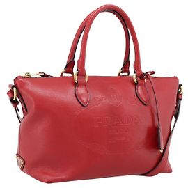 PRADA Hand Bag Leather 2way Red Gold Auth ki6814V Red Golden