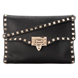 Valentino Garavani VALENTINO - Borsa a tracolla Rockstud Valentino in pelle grana grossa nera e borchie dorate Nero