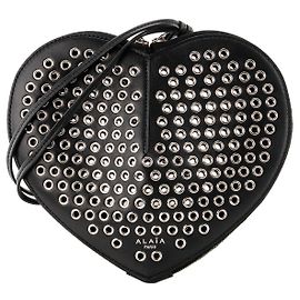 ALAÏA - Borsa a tracolla Le Coeur Alaïa in pelle liscia nera e occhielli argentati Nero