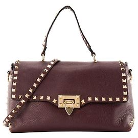 Valentino Garavani VALENTINO - Bolsa de ombro Rockstud Valentino em couro granulado roxo e studs champagne Roxo