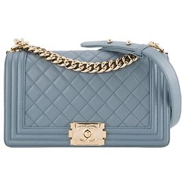 CHANEL - Bolsa de ombro Boy Chanel em couro liso azul cinza Azul