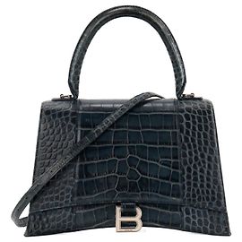 BALENCIAGA - Bolsa de ombro Hourglass Medium Balenciaga em couro com relevo de crocodilo azul marinho Azul marinho