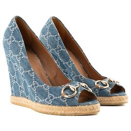 GUCCI - Sandales compensées Gucci en denim monogrammée bleu (T39) Blue