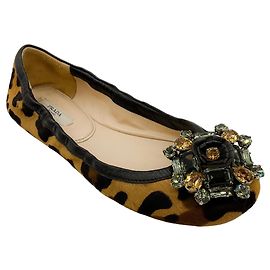 Prada Leopard Print Calf Hair Ballet Flats with Crystal Embellishments Brown