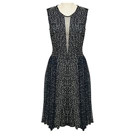 Robe Adam Lippes Black / White / Blue / Navy Multi plissée en mousseline de soie et tweed de laine Multicolore
