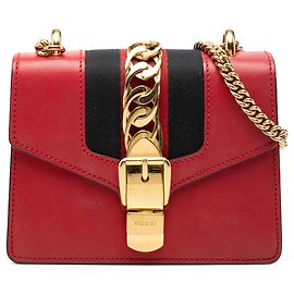 Sac à main Red Gucci Mini Calfskin Web Sylvie Chain Satchel Rouge