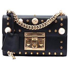 Borsa a tracolla Gucci Small in pelle nera con perle e chiusura a lucchetto Nero