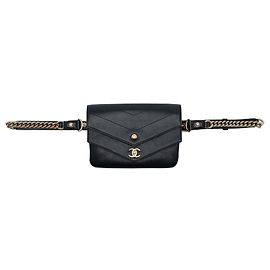 Borsa cintura Chanel CC Chevron in pelle di pecora con doppia patta a busta, Nera Nero
