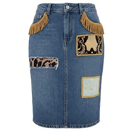 Jeremy Scott Patchwork Denim Pencil Skirt Blue Other Leopard print