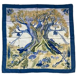 Foulard in seta Hermès Kuggor Tree Marrone Bianco Blu D'oro Verde