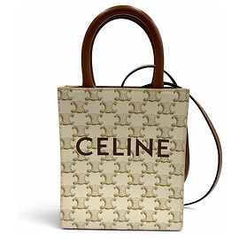 Céline Celine Triomphe Coated Canvas Leather Mini Vertical Cabas Shoulder Bag Brown Cream