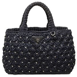 Bolsa Satchel Prada em crochê com efeito ráfia azul e bolinhas Azul Azul marinho