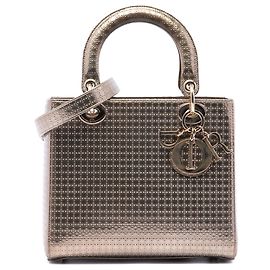 Dior Gold Medium Metallic Patent Microcannage Lady Dior Dourado