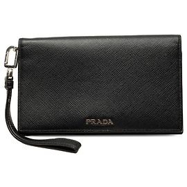 Prada Black Saffiano Wristlet Long Wallet Black
